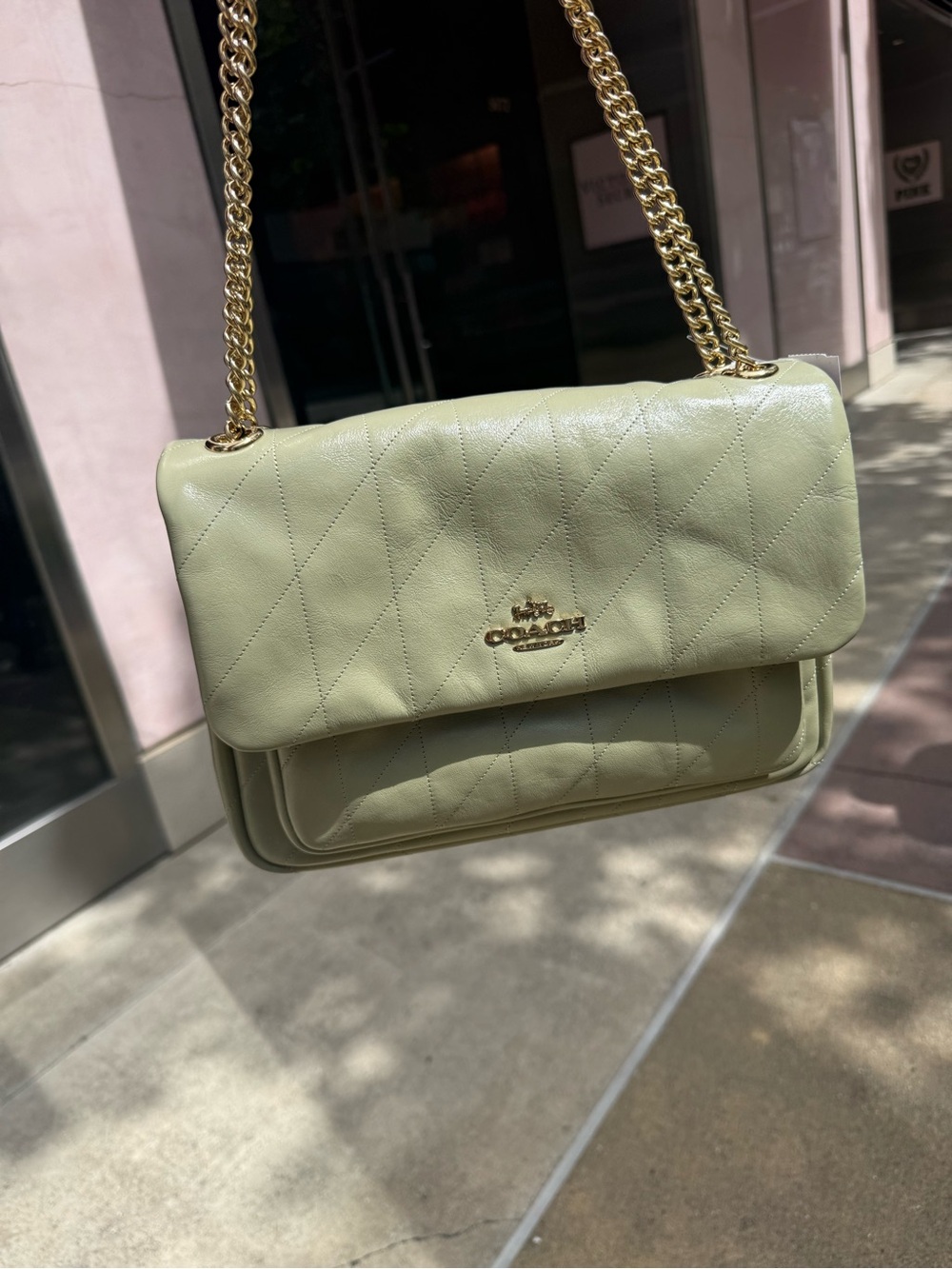 New Authentic Coach w/ Tags  Quilted Shoulder Bag in Sage Green with Gold Chain